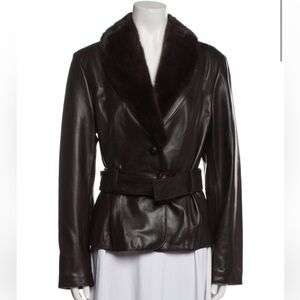 St. John Belted Leather Jacket with Mink Collar